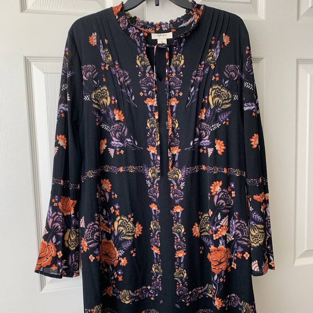 Mini Dress or Long Tunic with Bell Sleeves - Black Multi-Color